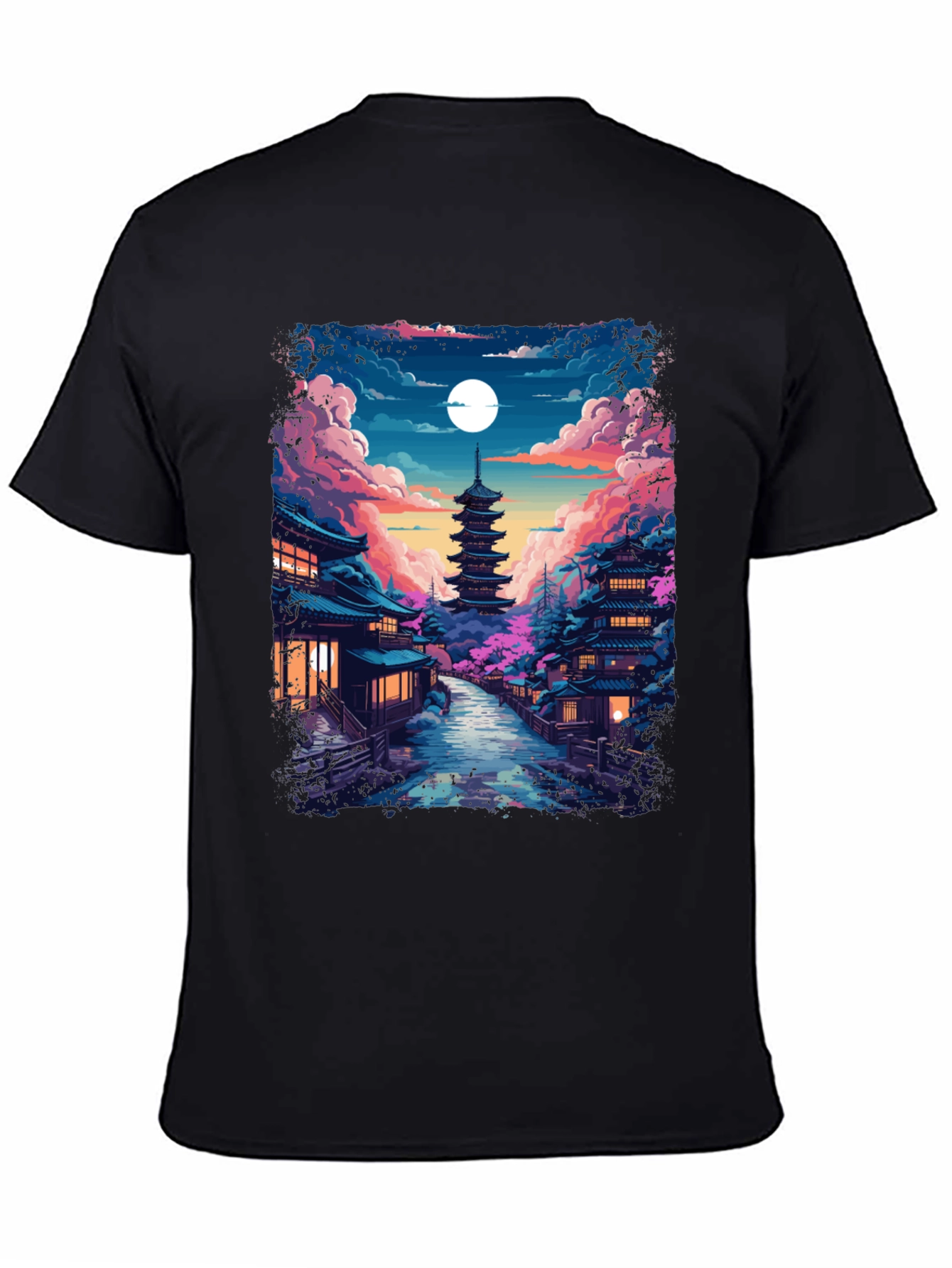 Night Sakura T-Shirt: Japanese Pagoda Moonlit Scene Tee