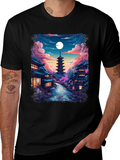 Night Sakura T-Shirt: Japanese Pagoda Moonlit Scene Tee
