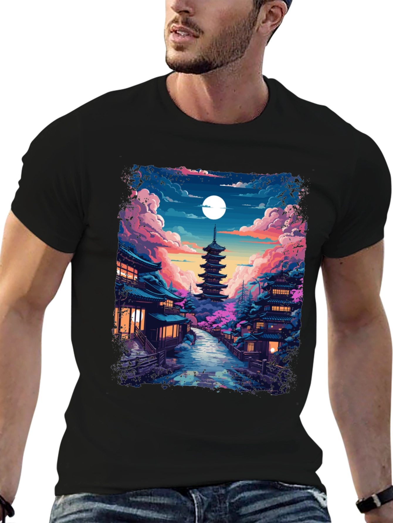 Night Sakura T-Shirt: Japanese Pagoda Moonlit Scene Tee