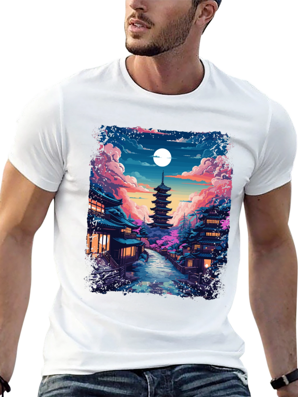 Night Sakura T-Shirt: Japanese Pagoda Moonlit Scene Tee