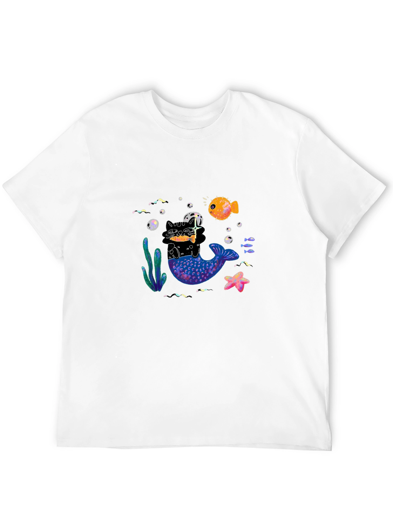 Black T-Shirt with Mermaid Cat Graphic