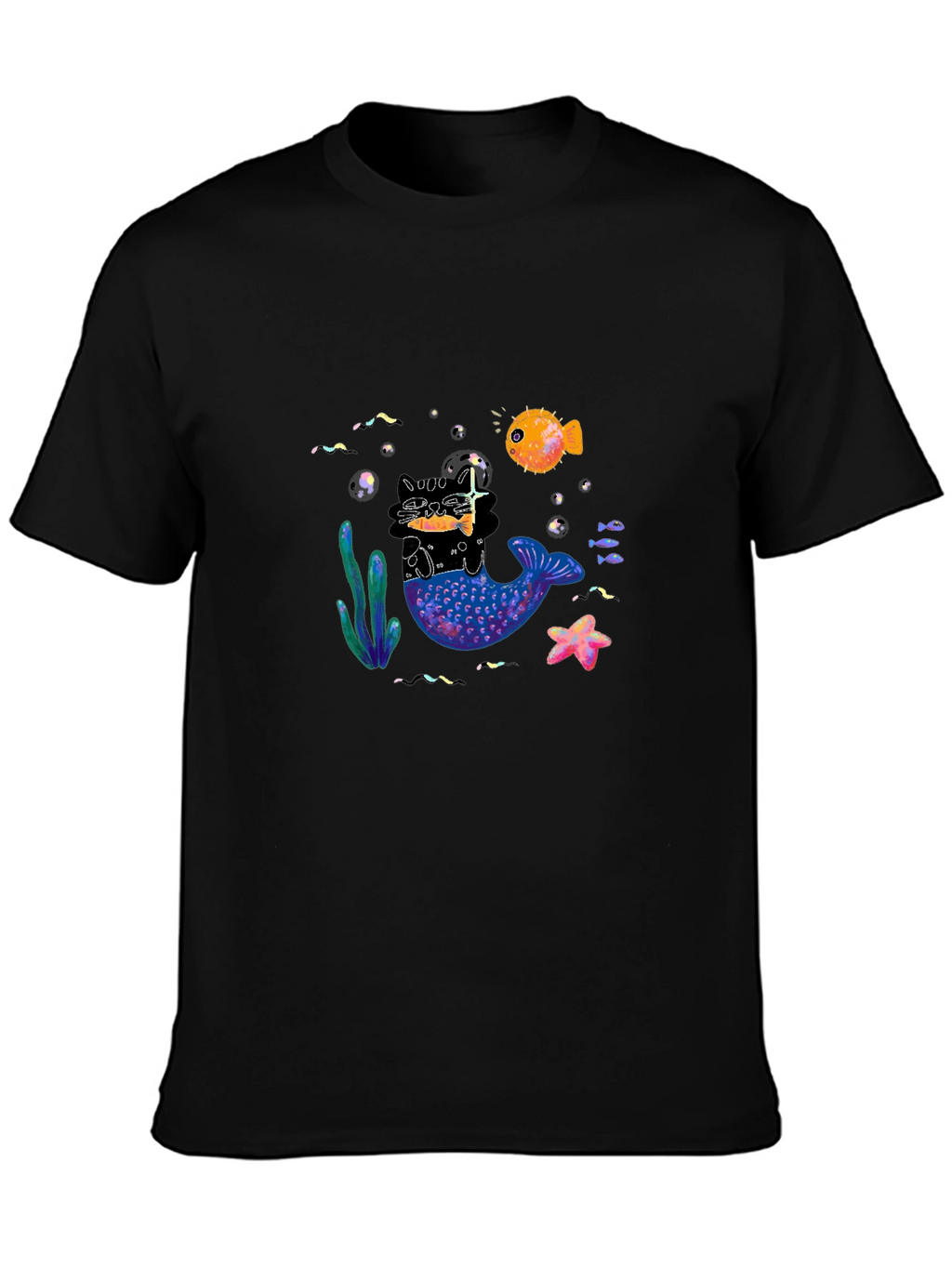 Black T-Shirt with Mermaid Cat Graphic
