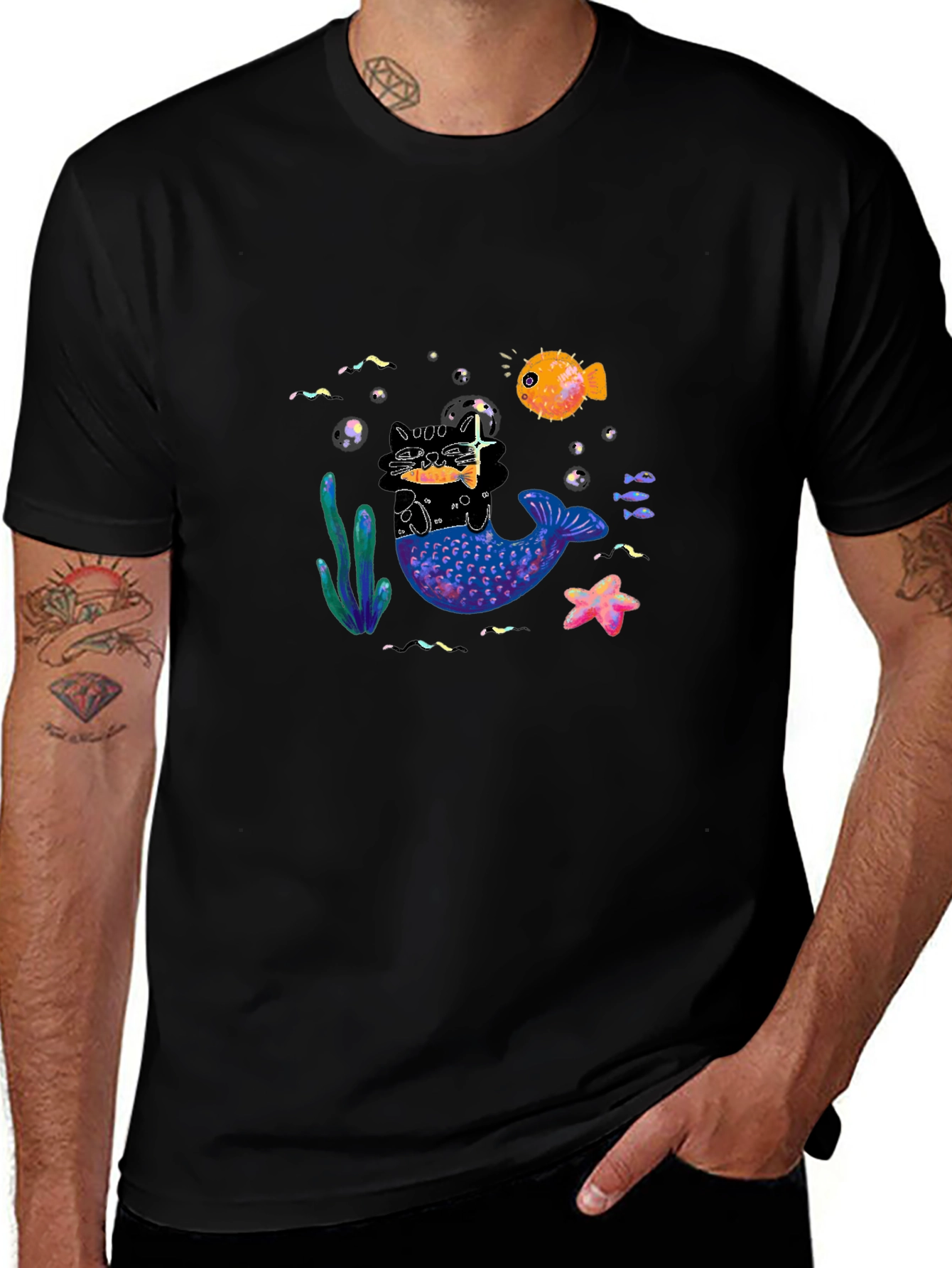 Black T-Shirt with Mermaid Cat Graphic