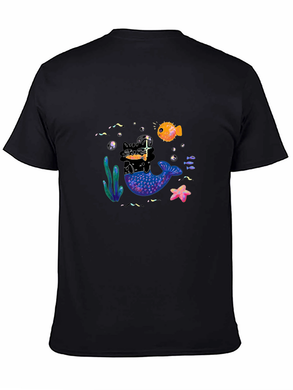 Black T-Shirt with Mermaid Cat Graphic