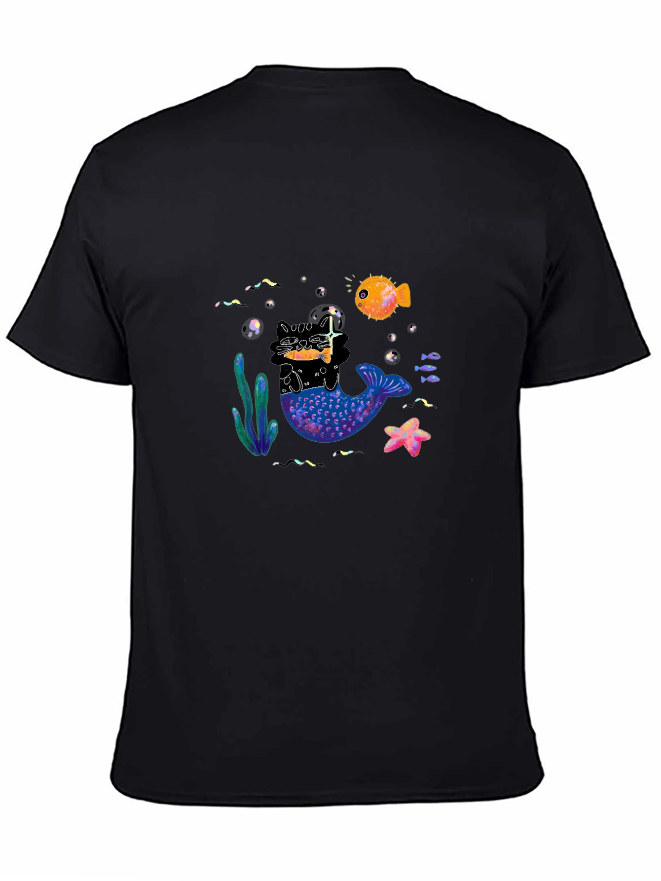 Black T-Shirt with Mermaid Cat Graphic