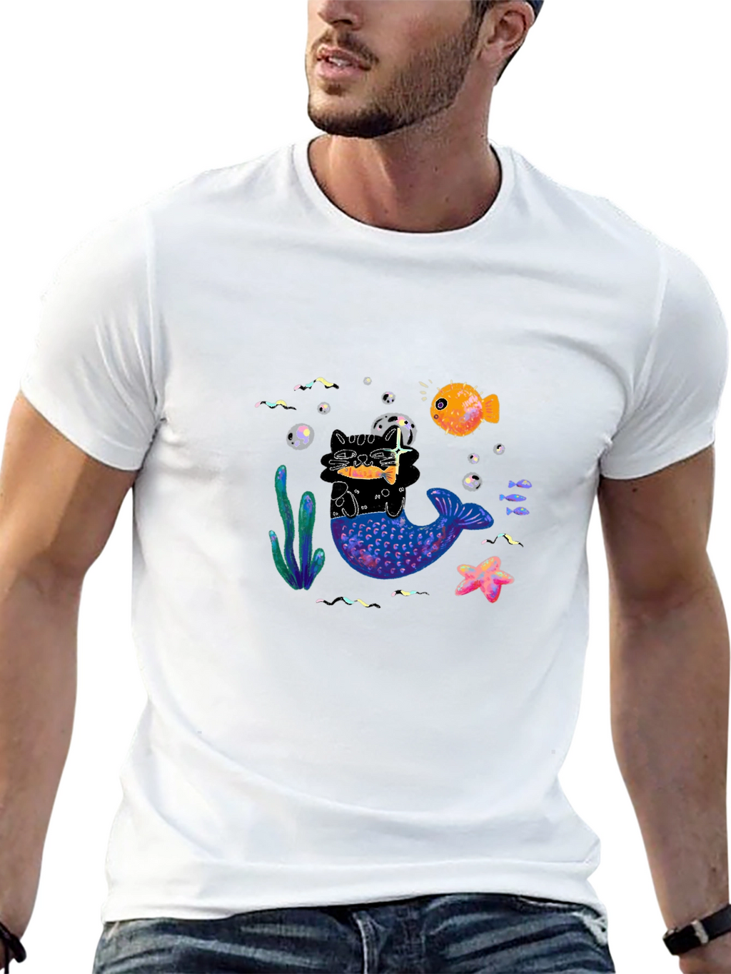 Black T-Shirt with Mermaid Cat Graphic
