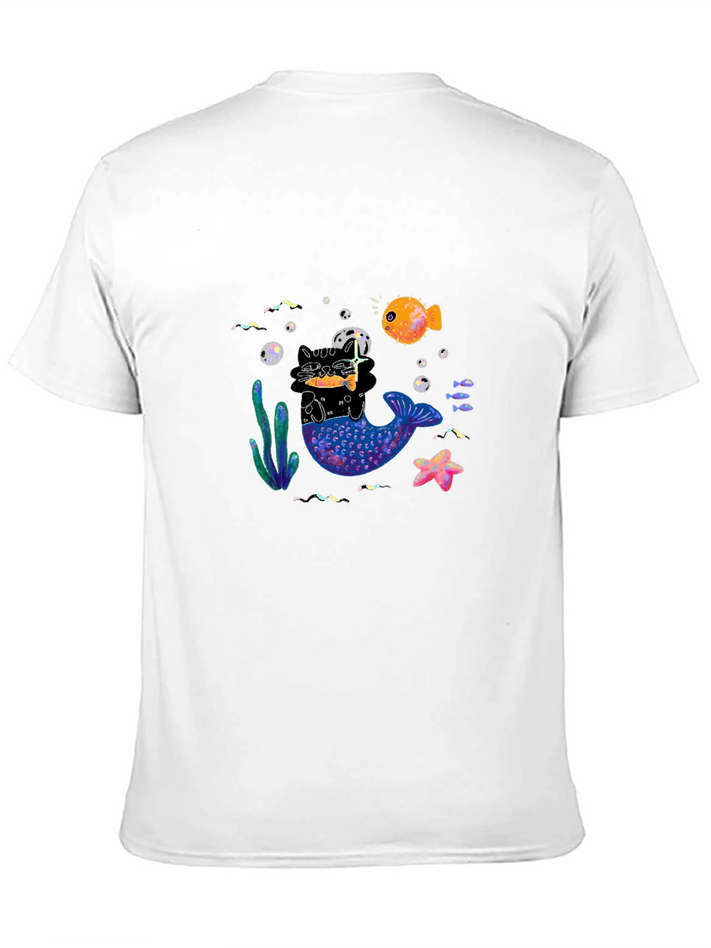 Black T-Shirt with Mermaid Cat Graphic