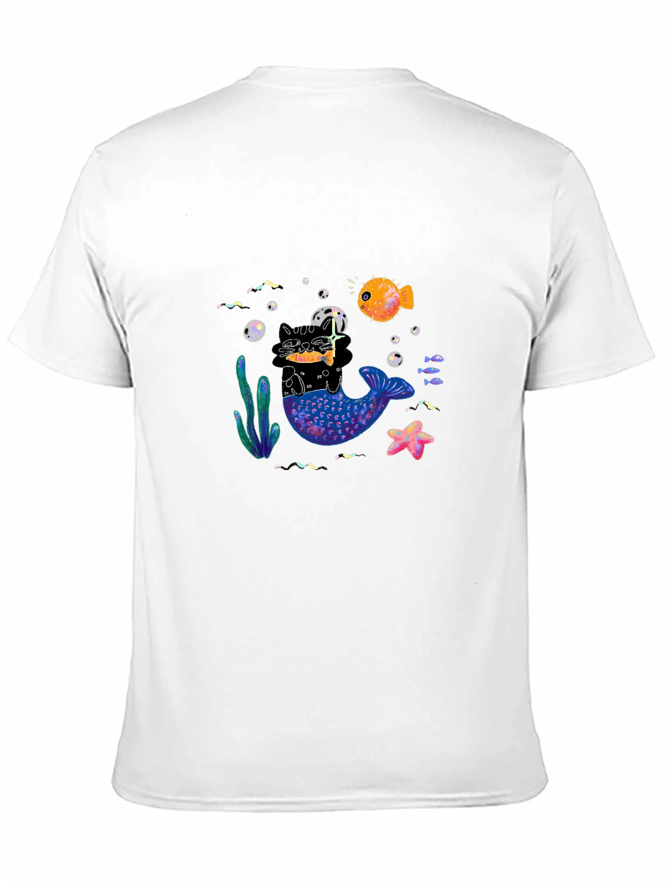 Black T-Shirt with Mermaid Cat Graphic