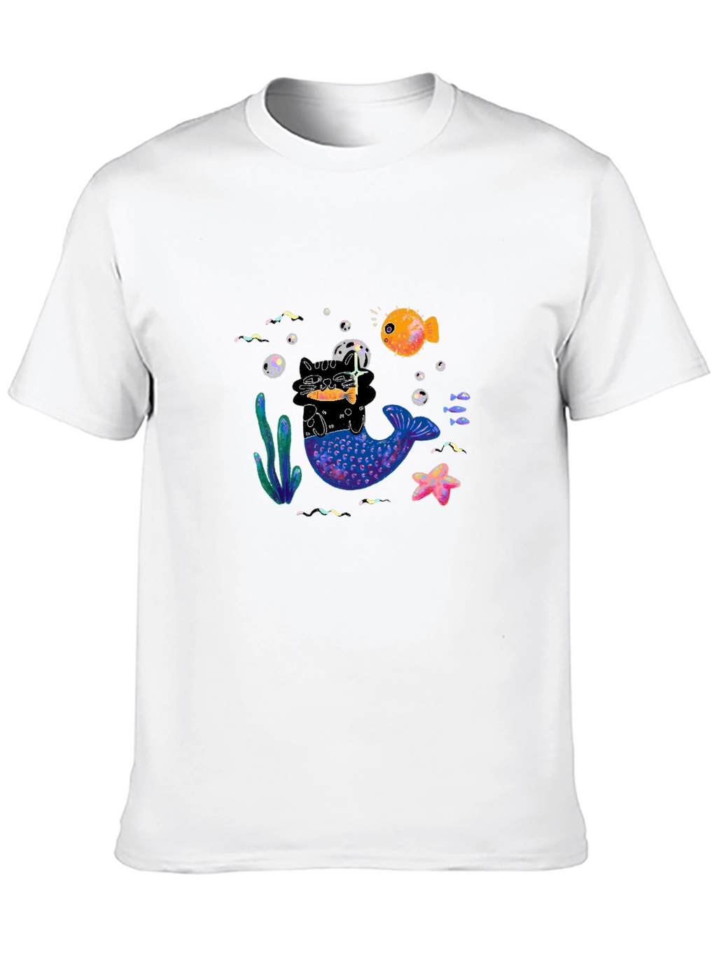 Black T-Shirt with Mermaid Cat Graphic
