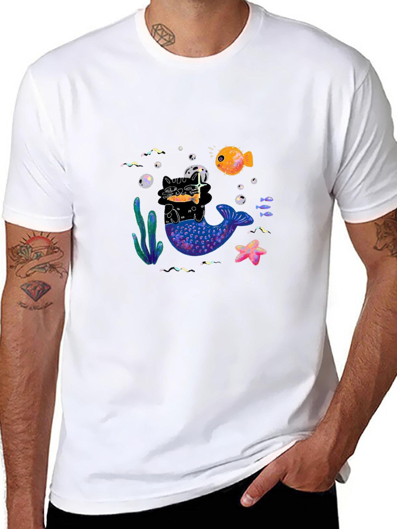 Black T-Shirt with Mermaid Cat Graphic