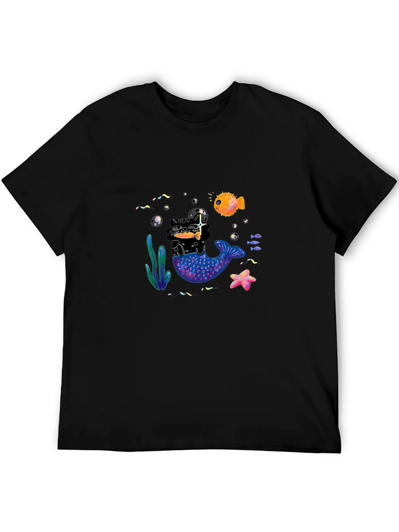 Black T-Shirt with Mermaid Cat Graphic