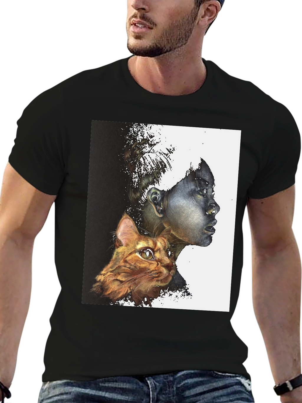 Artistic Woman and Cat Print Black Tee