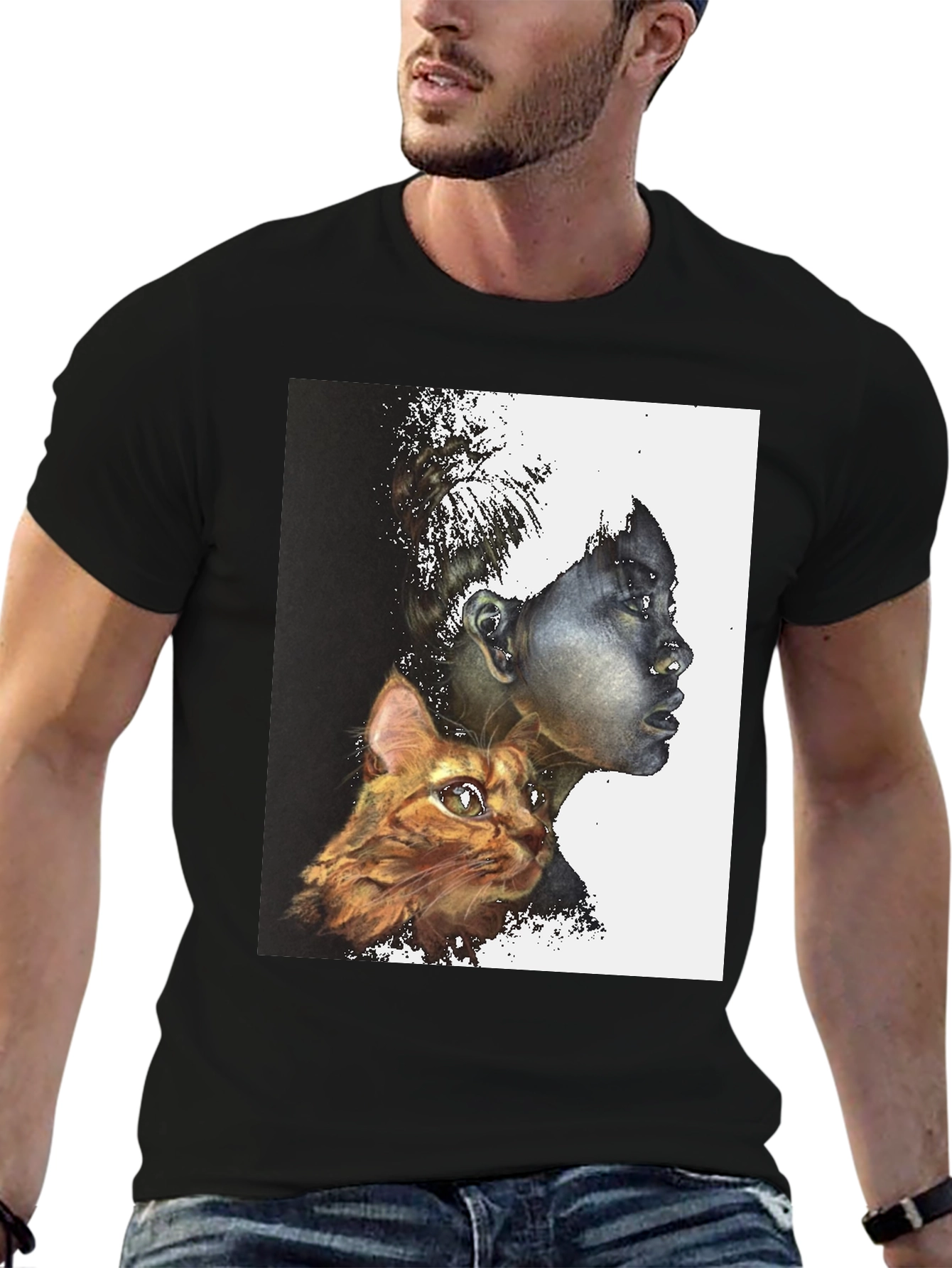 Artistic Woman and Cat Print Black Tee