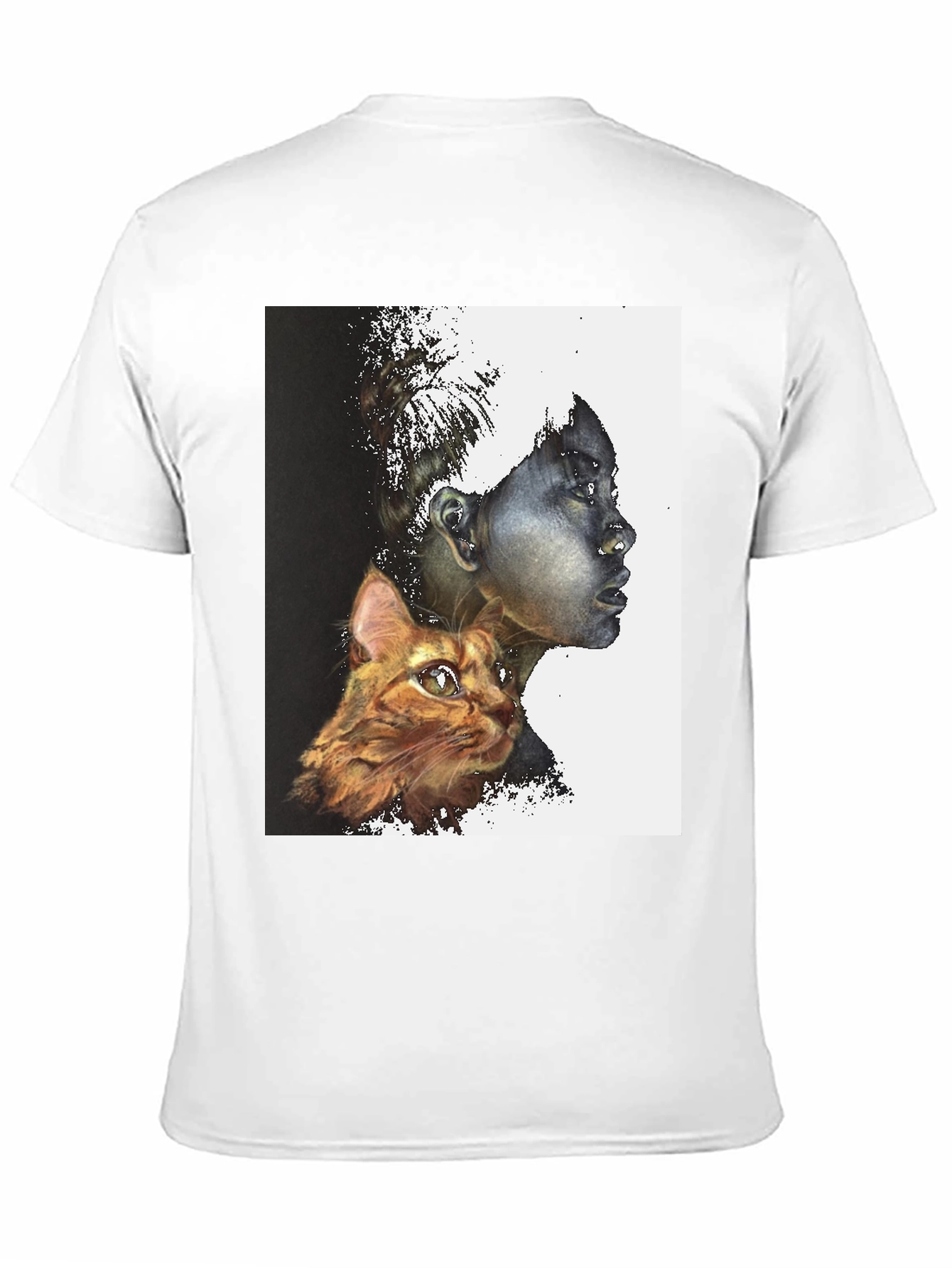 Artistic Woman and Cat Print Black Tee