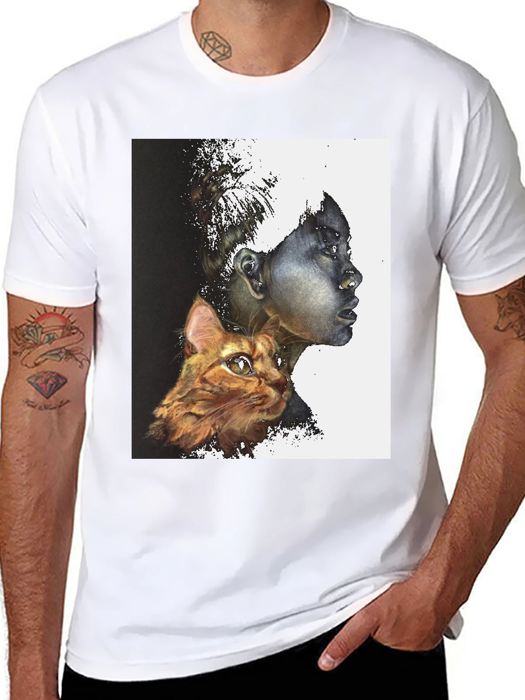 Artistic Woman and Cat Print Black Tee