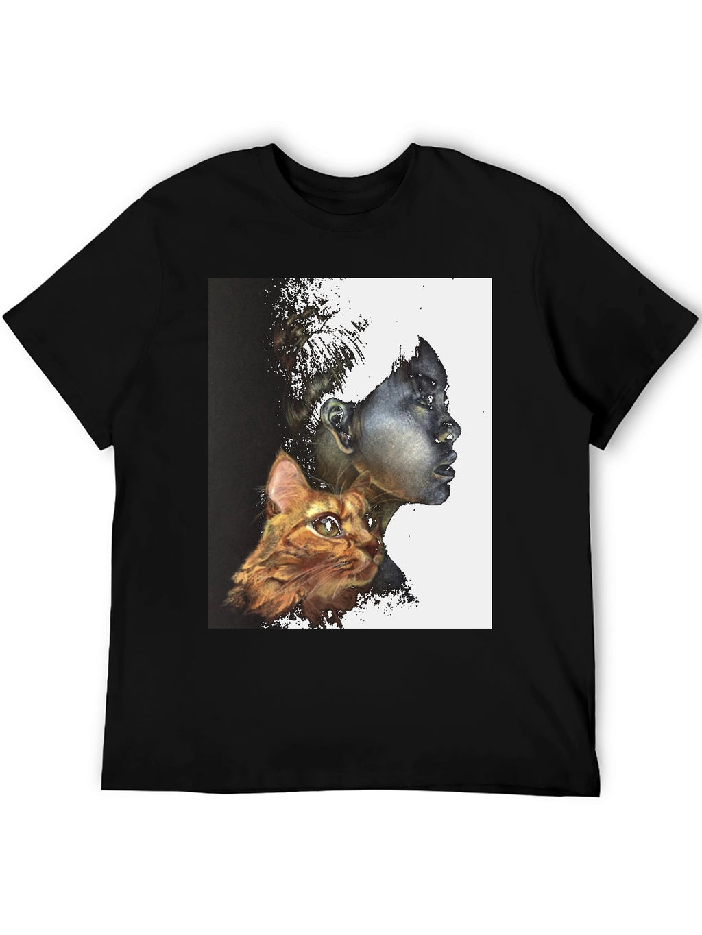 Artistic Woman and Cat Print Black Tee
