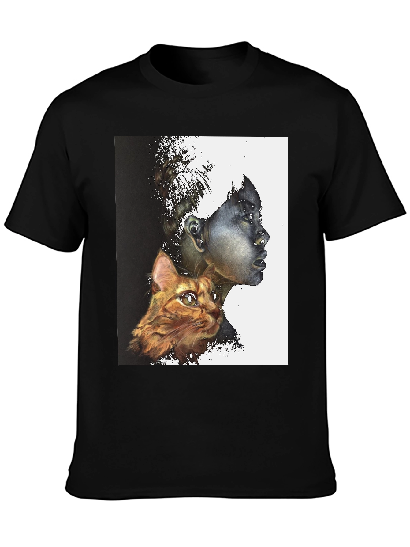 Artistic Woman and Cat Print Black Tee