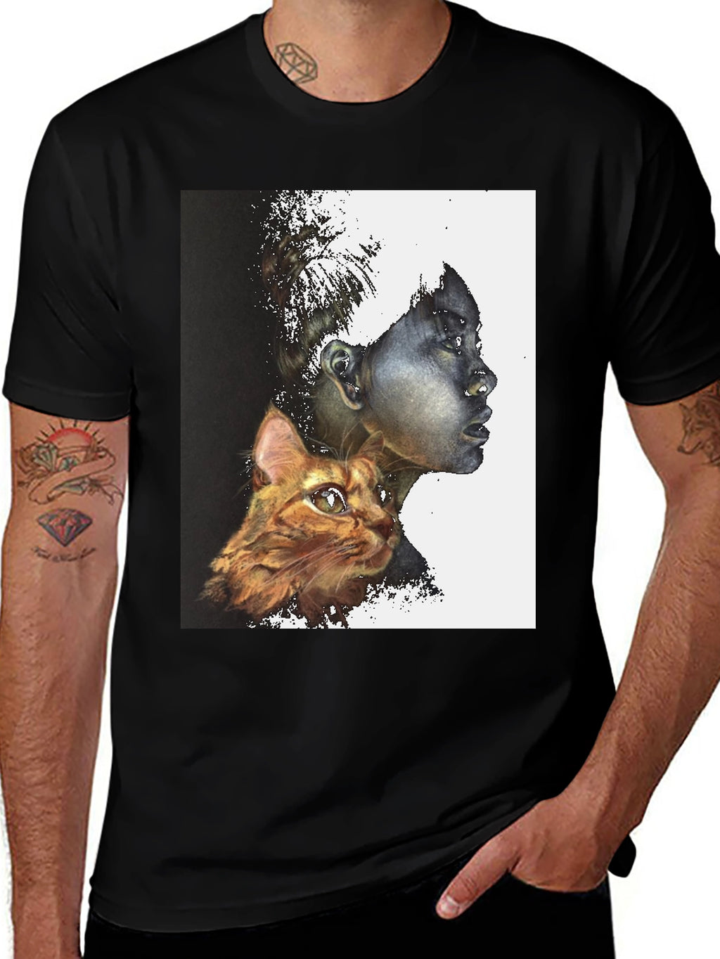 Artistic Woman and Cat Print Black Tee