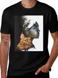 Artistic Woman and Cat Print Black Tee