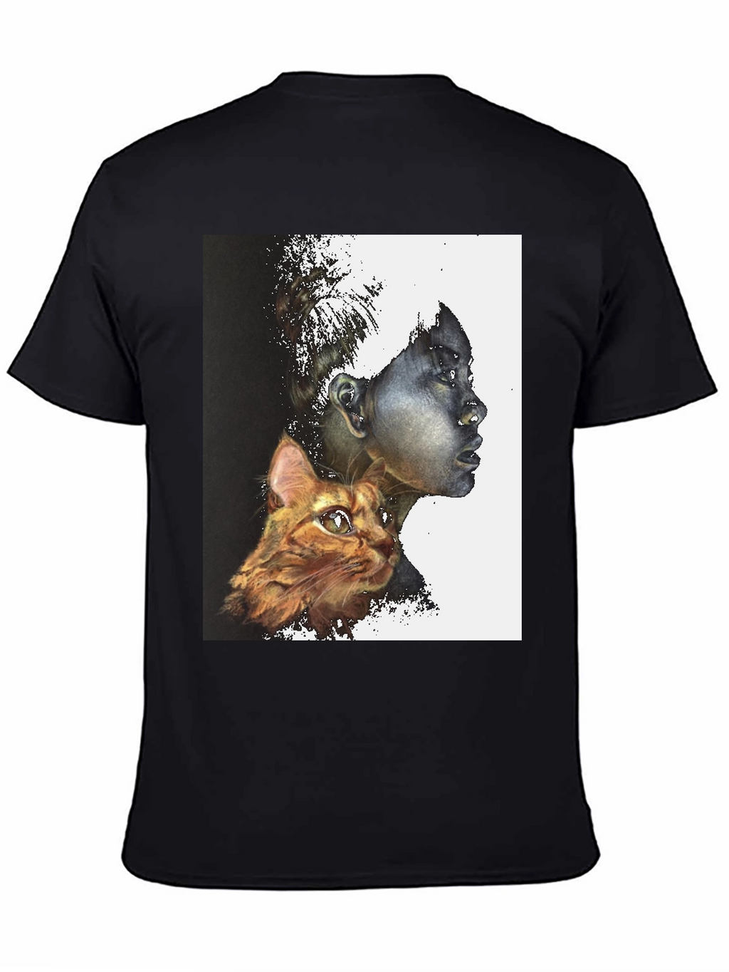 Artistic Woman and Cat Print Black Tee