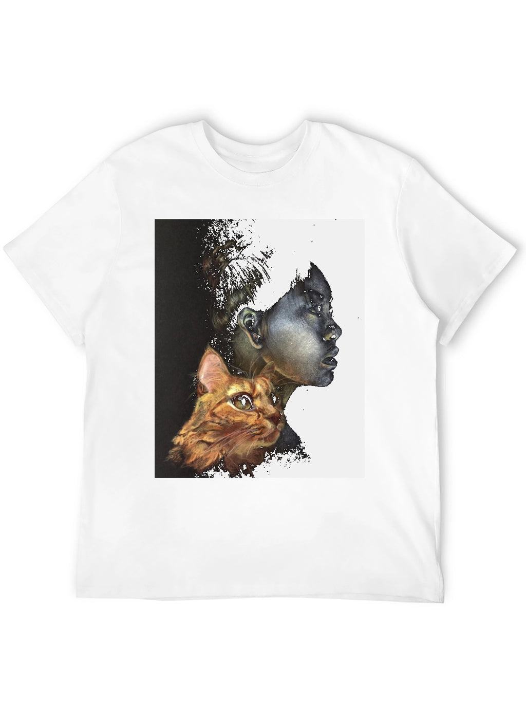 Artistic Woman and Cat Print Black Tee