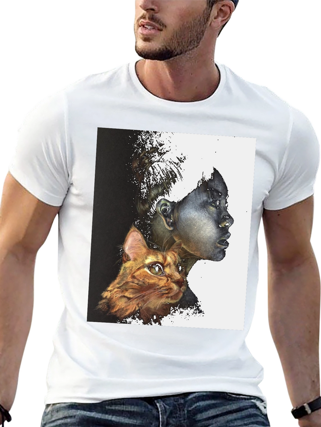 Artistic Woman and Cat Print Black Tee