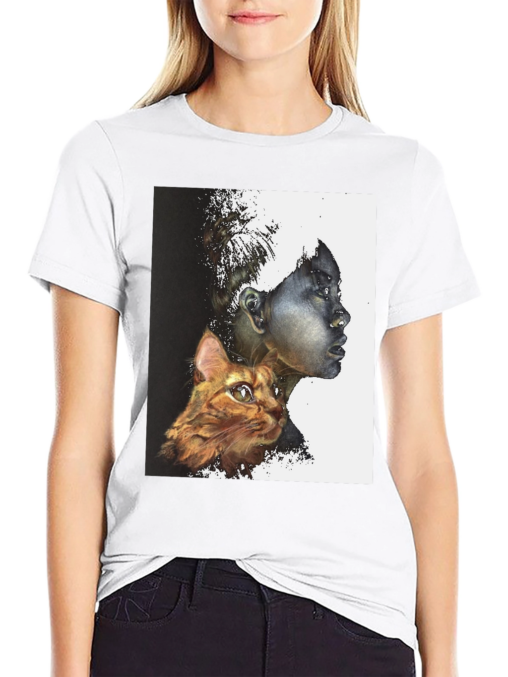 Artistic Woman and Cat Print Black Tee