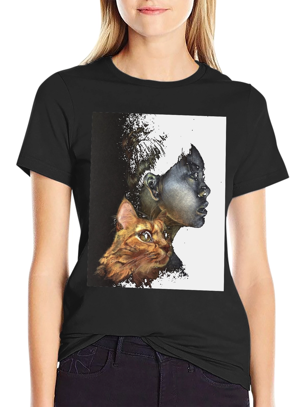 Artistic Woman and Cat Print Black Tee