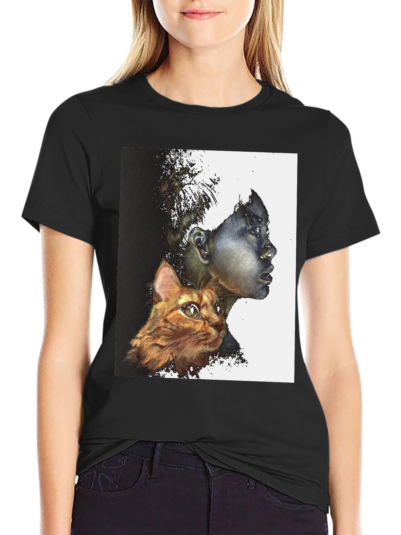 Artistic Woman and Cat Print Black Tee