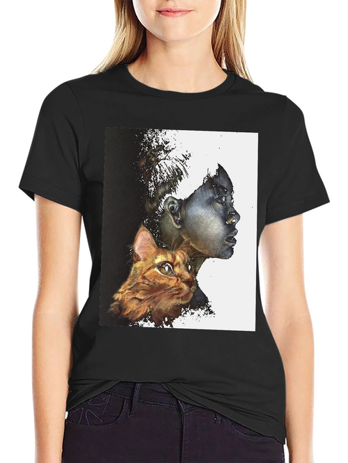 Artistic Woman and Cat Print Black Tee