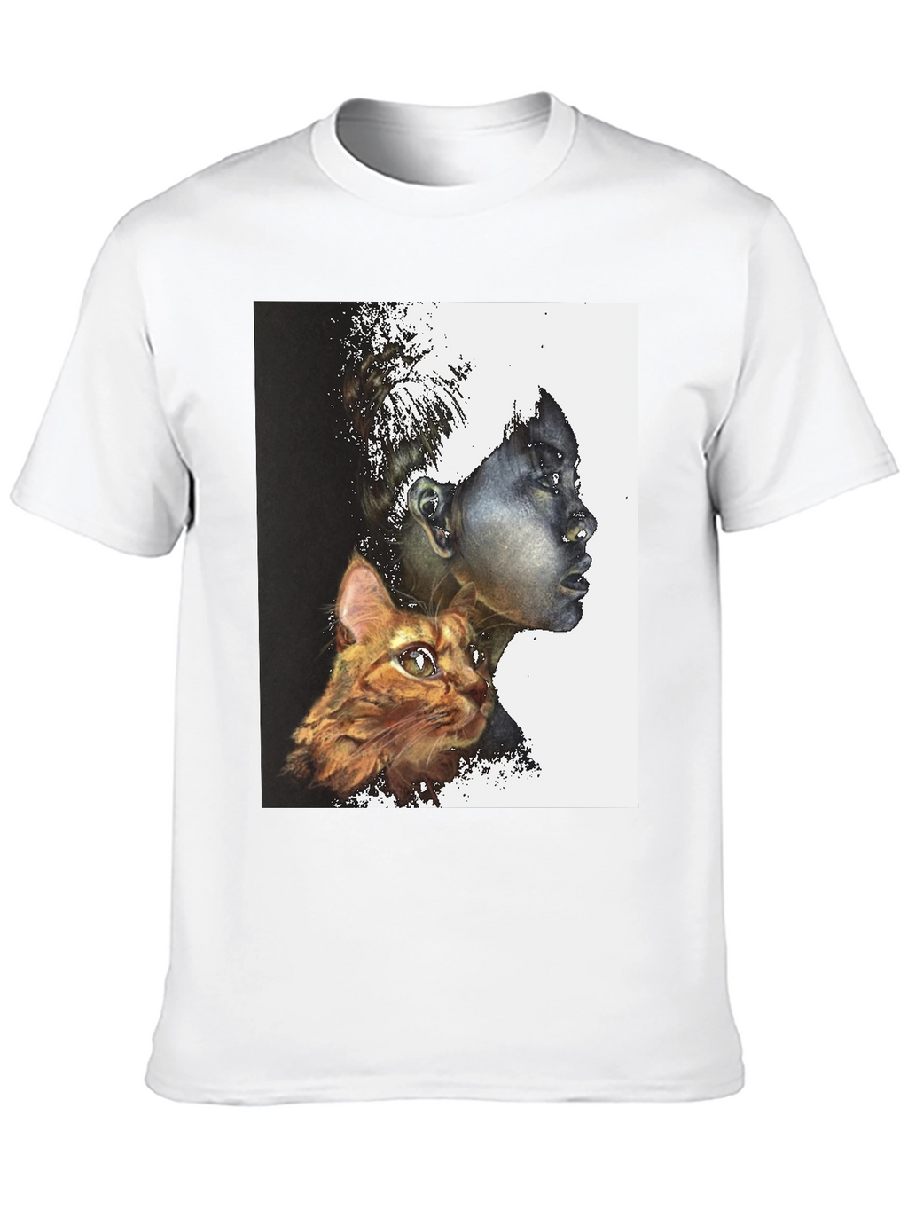 Artistic Woman and Cat Print Black Tee
