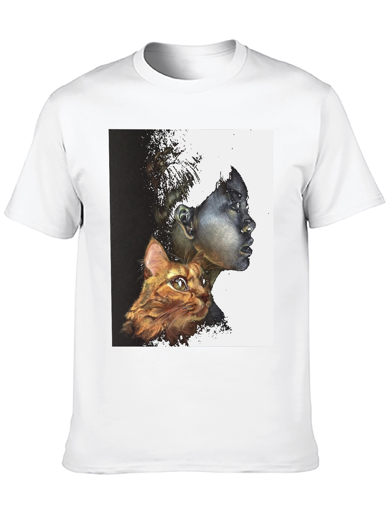 Artistic Woman and Cat Print Black Tee