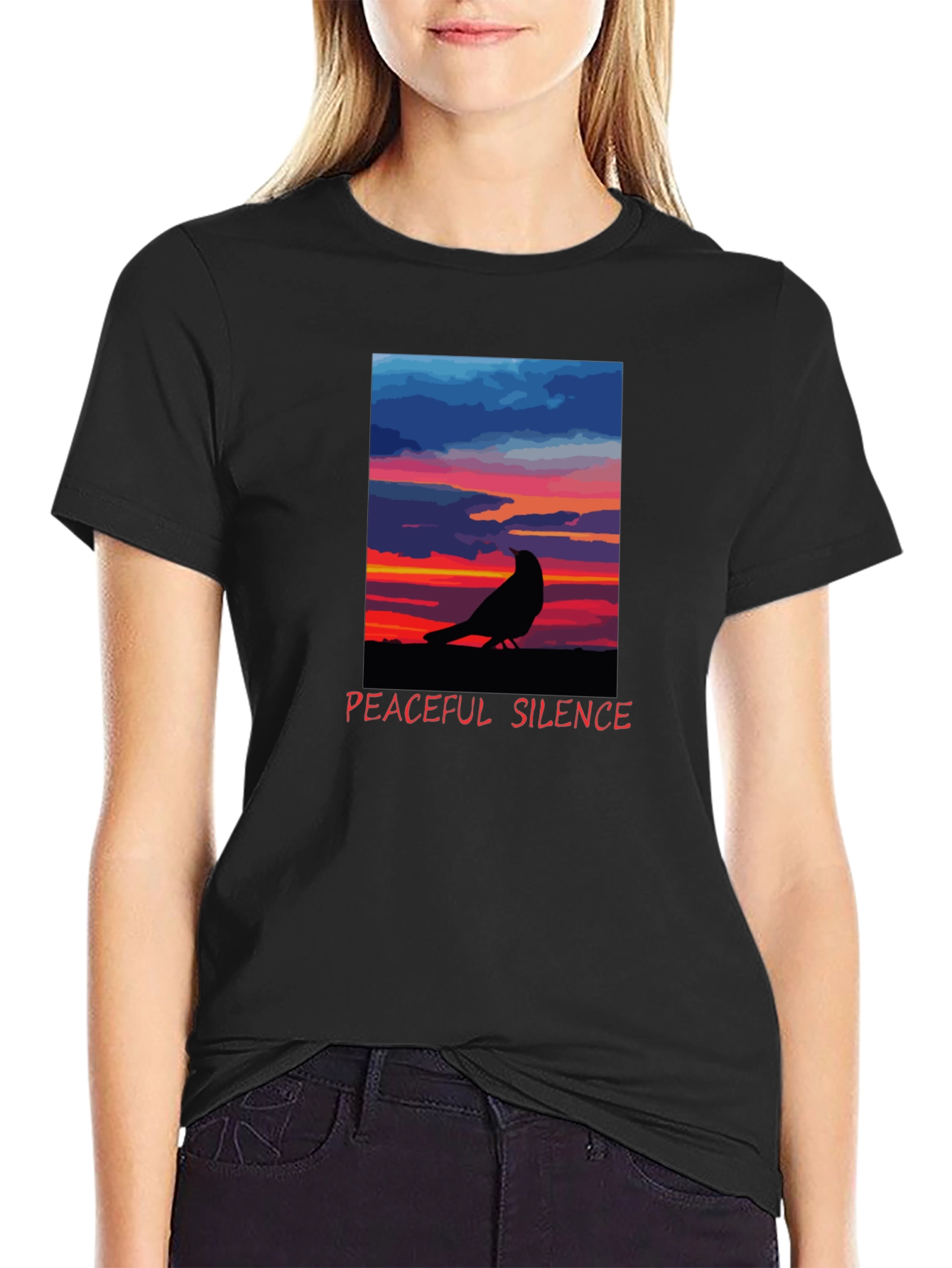 Peaceful Silence Crow Sunset Graphic Tee