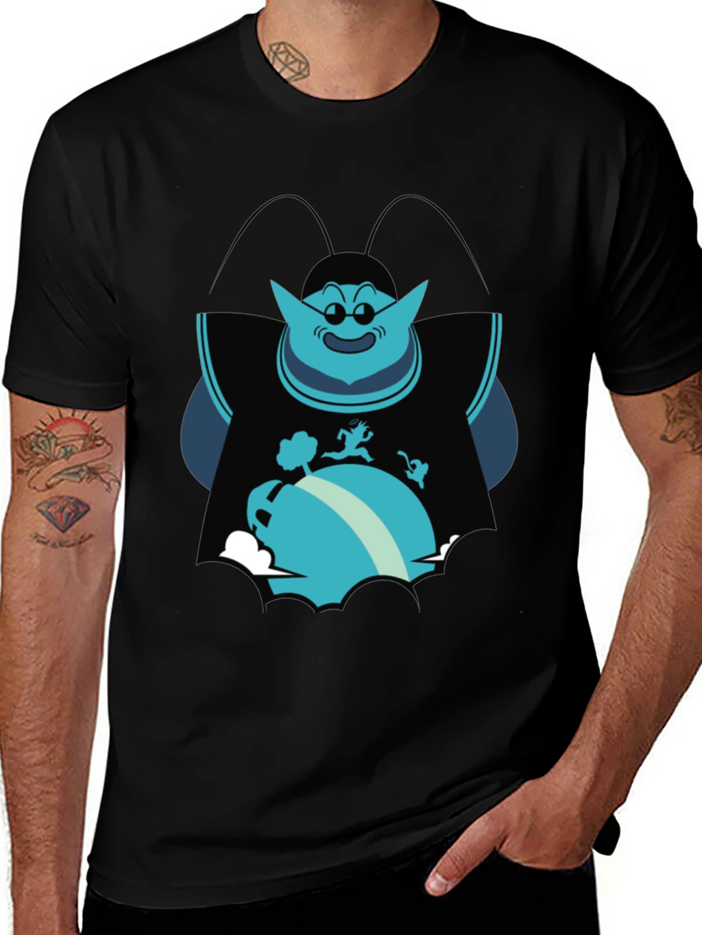 Mens Black T-Shirt with Blue Cartoon Graphic