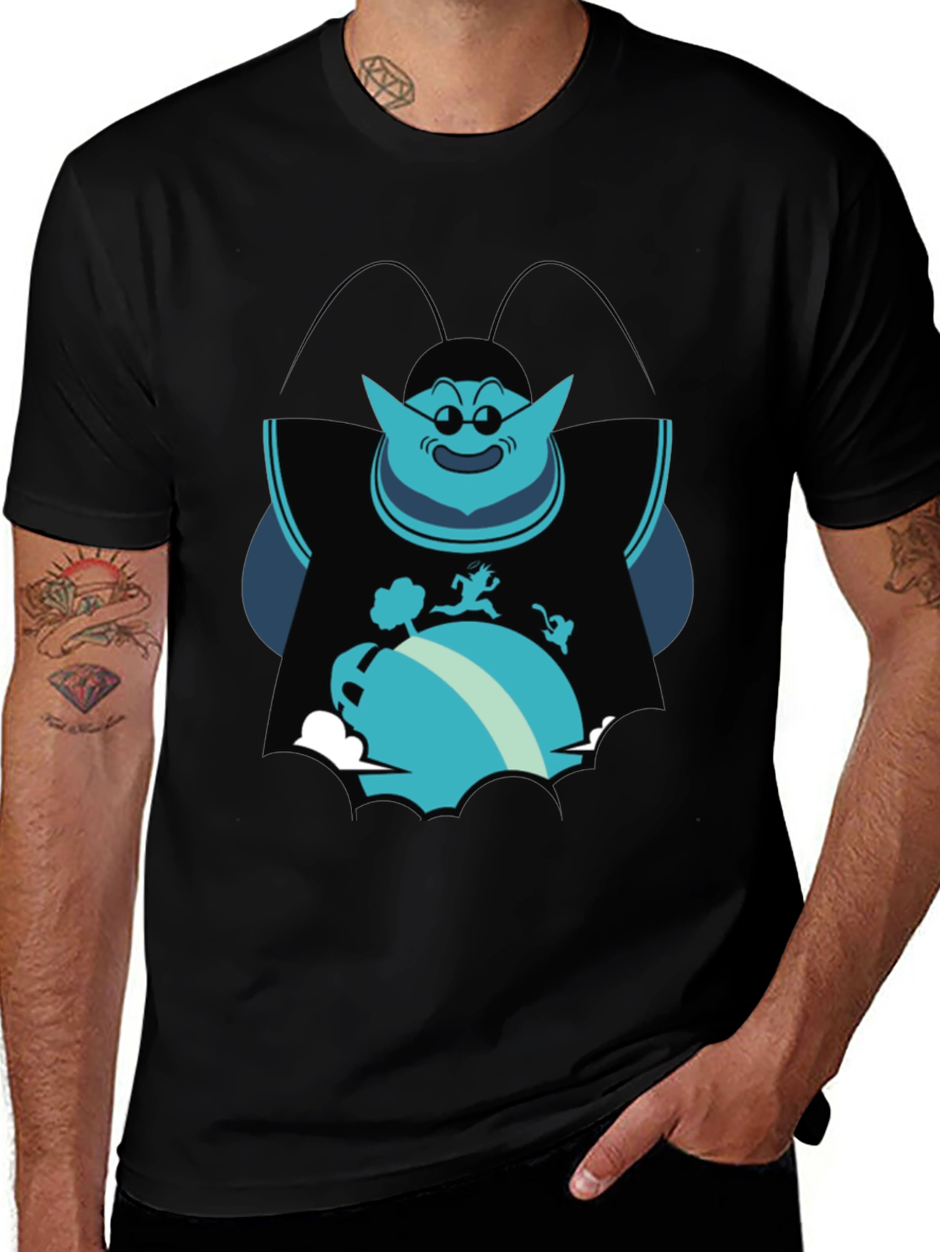 Mens Black T-Shirt with Blue Cartoon Graphic