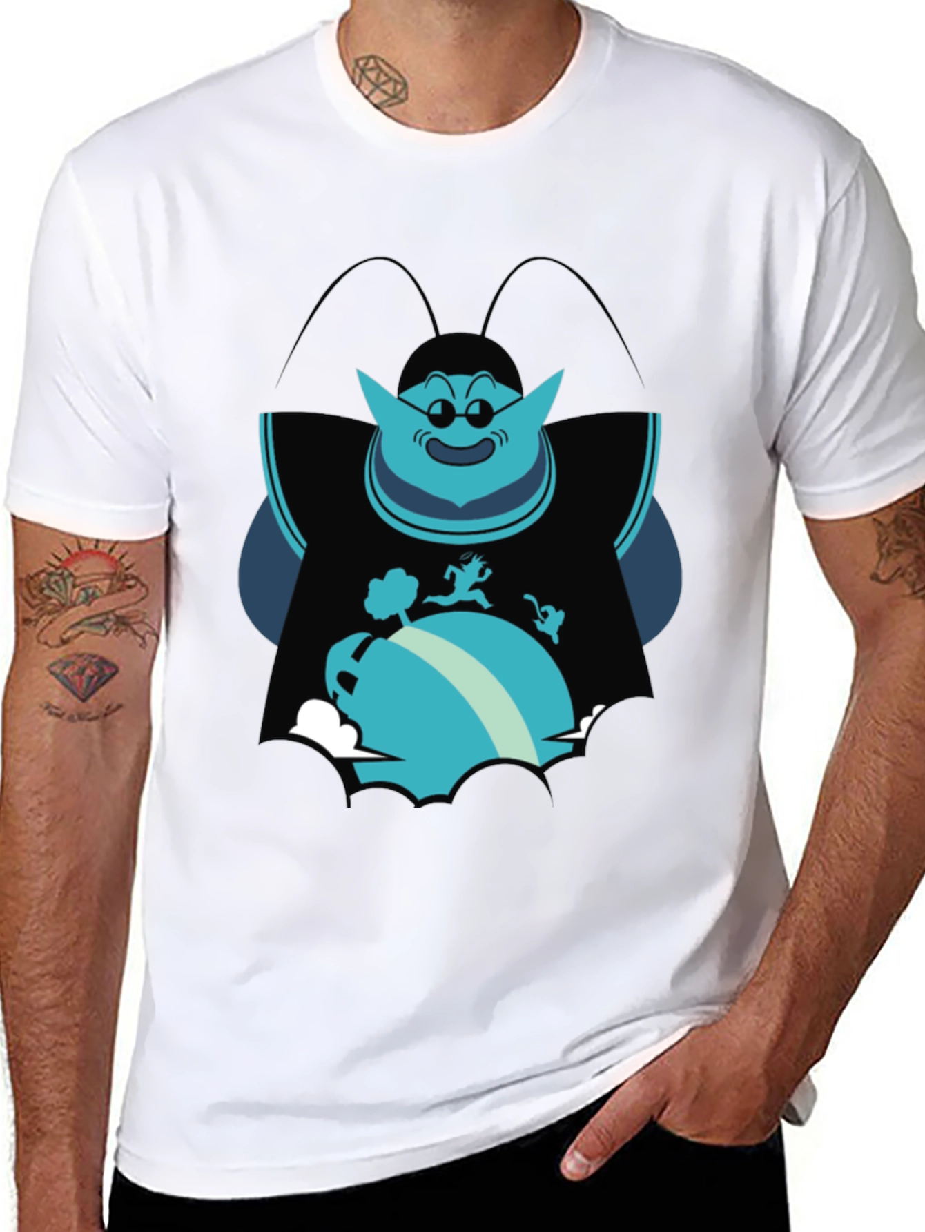 Mens Black T-Shirt with Blue Cartoon Graphic