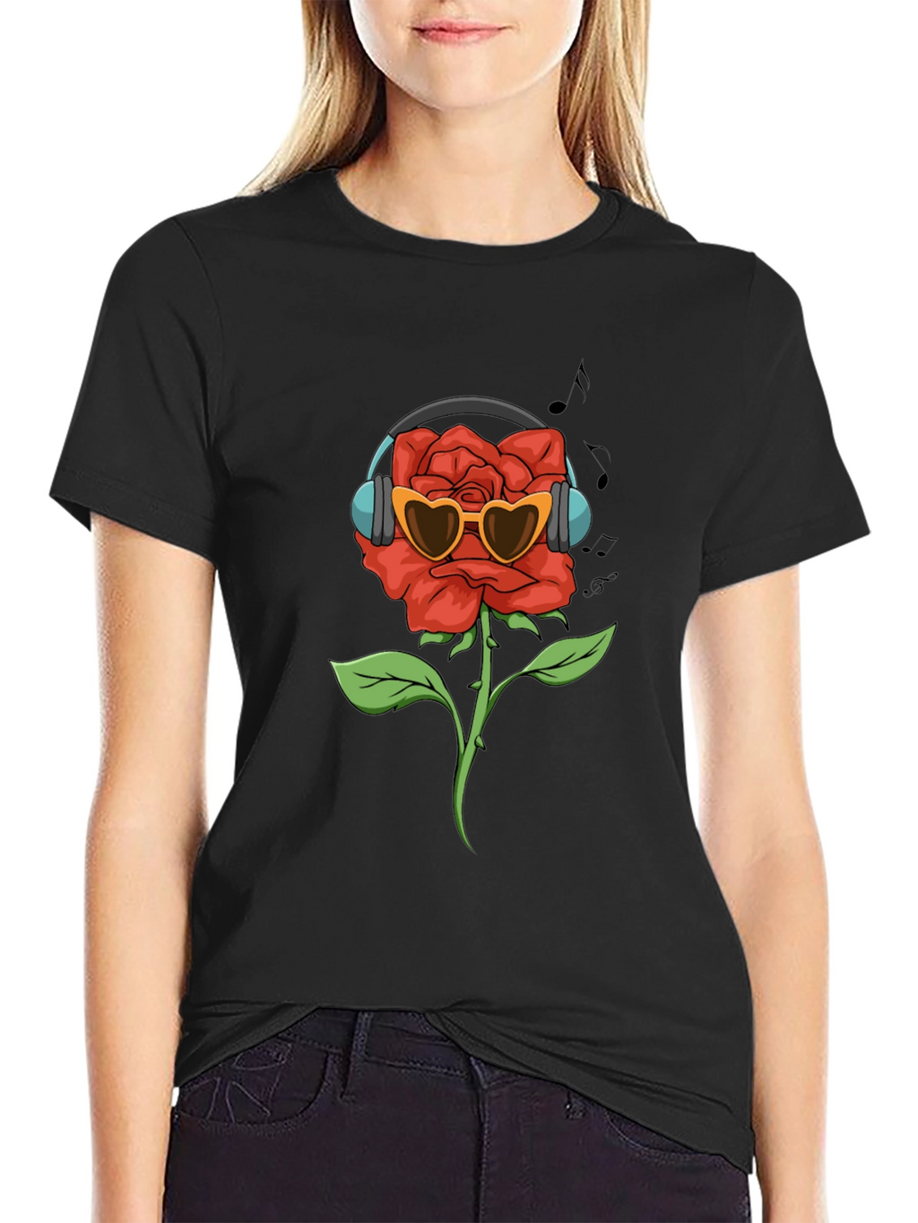 Rose with Headphones Graphic T-Shirt