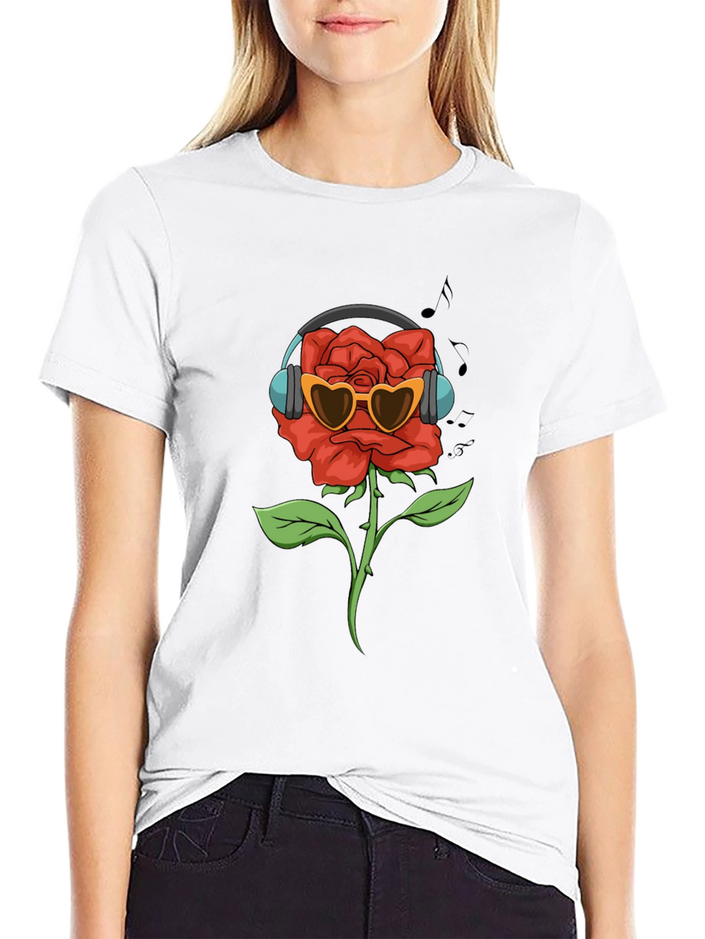 Rose with Headphones Graphic T-Shirt
