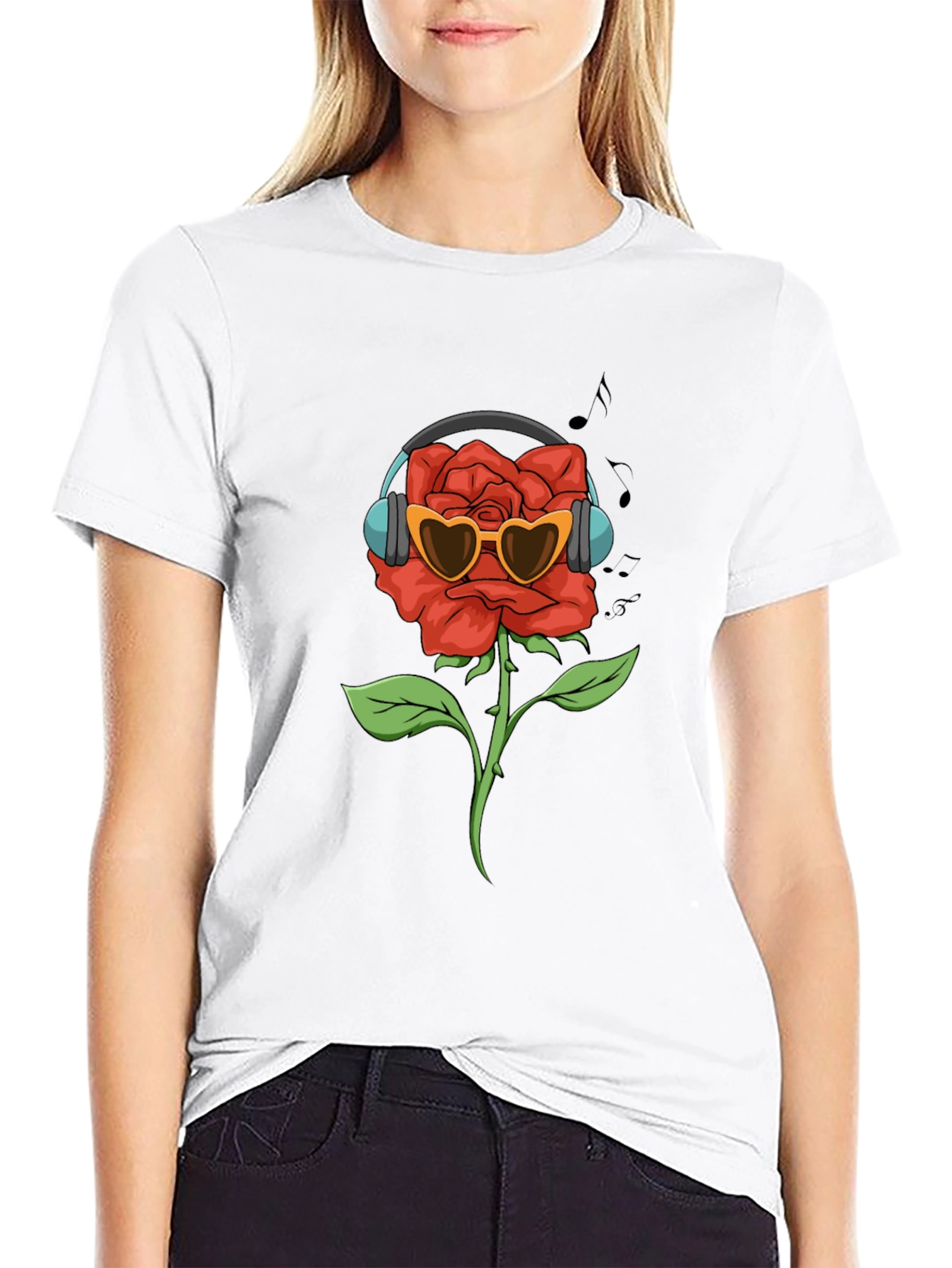 Rose with Headphones Graphic T-Shirt