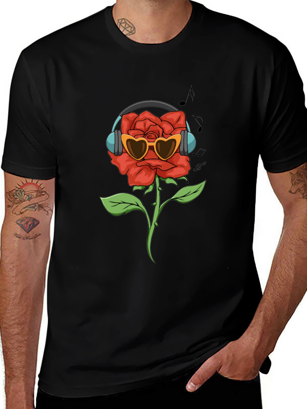 Rose with Headphones Graphic T-Shirt