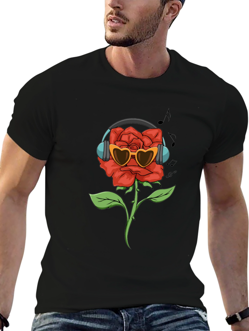 Rose with Headphones Graphic T-Shirt