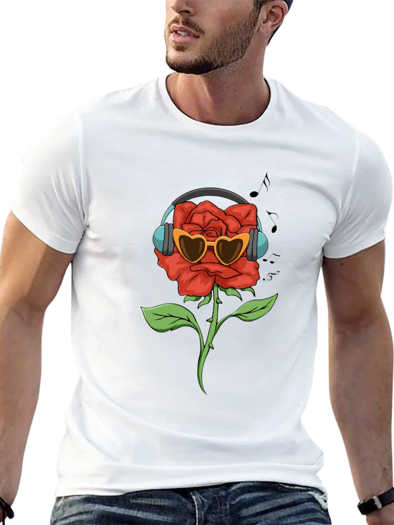 Rose with Headphones Graphic T-Shirt