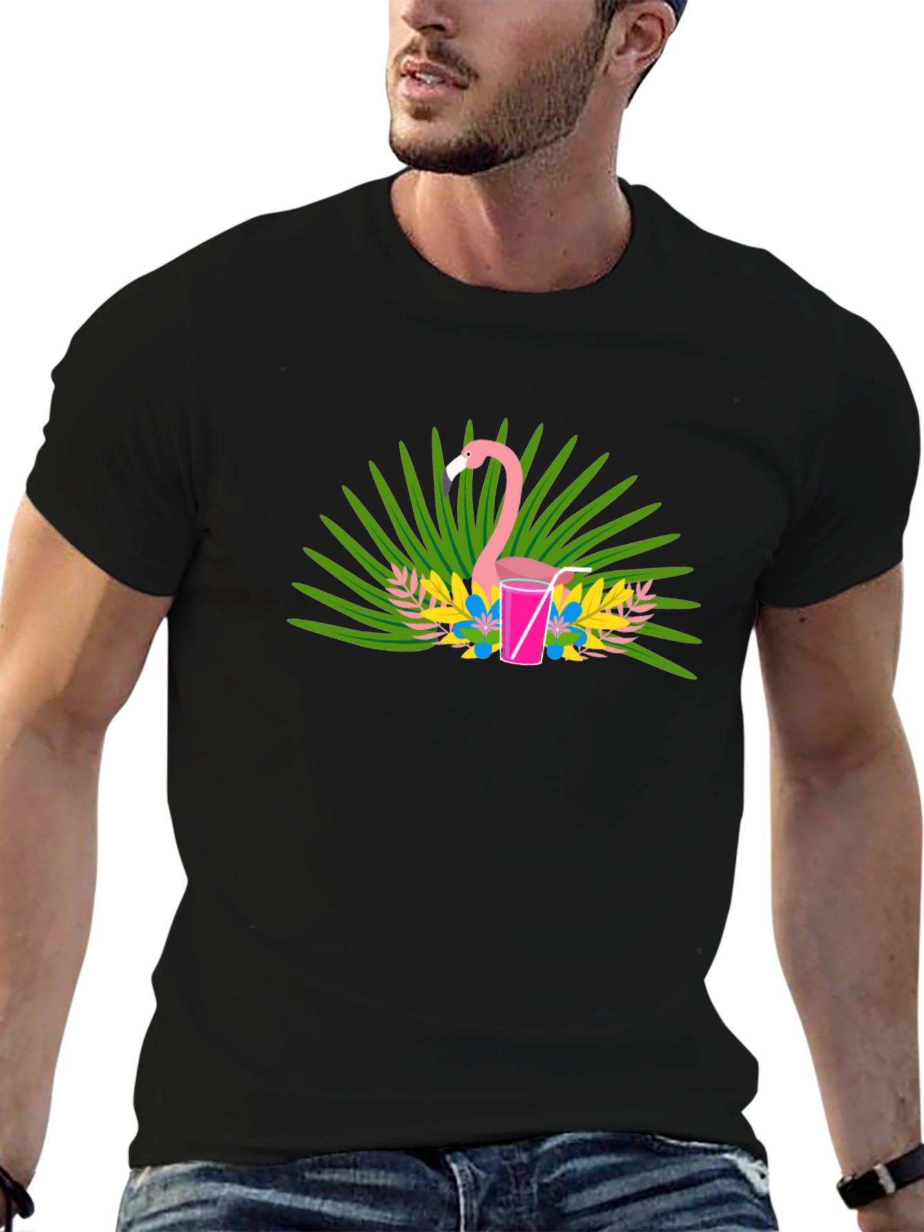 Flamingo Cocktail Graphic Tee - Black