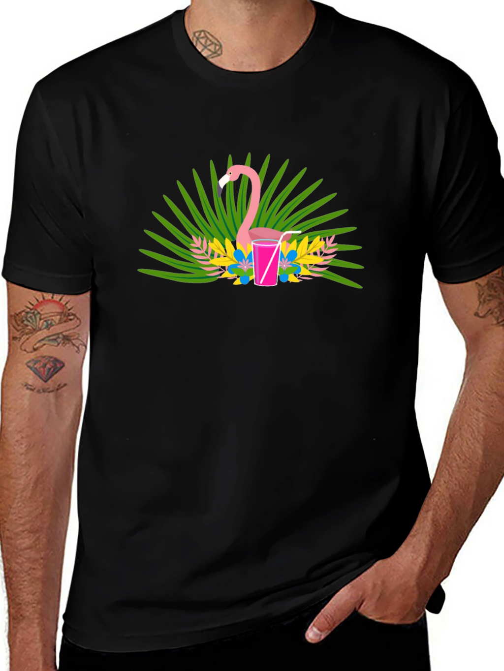 Flamingo Cocktail Graphic Tee - Black