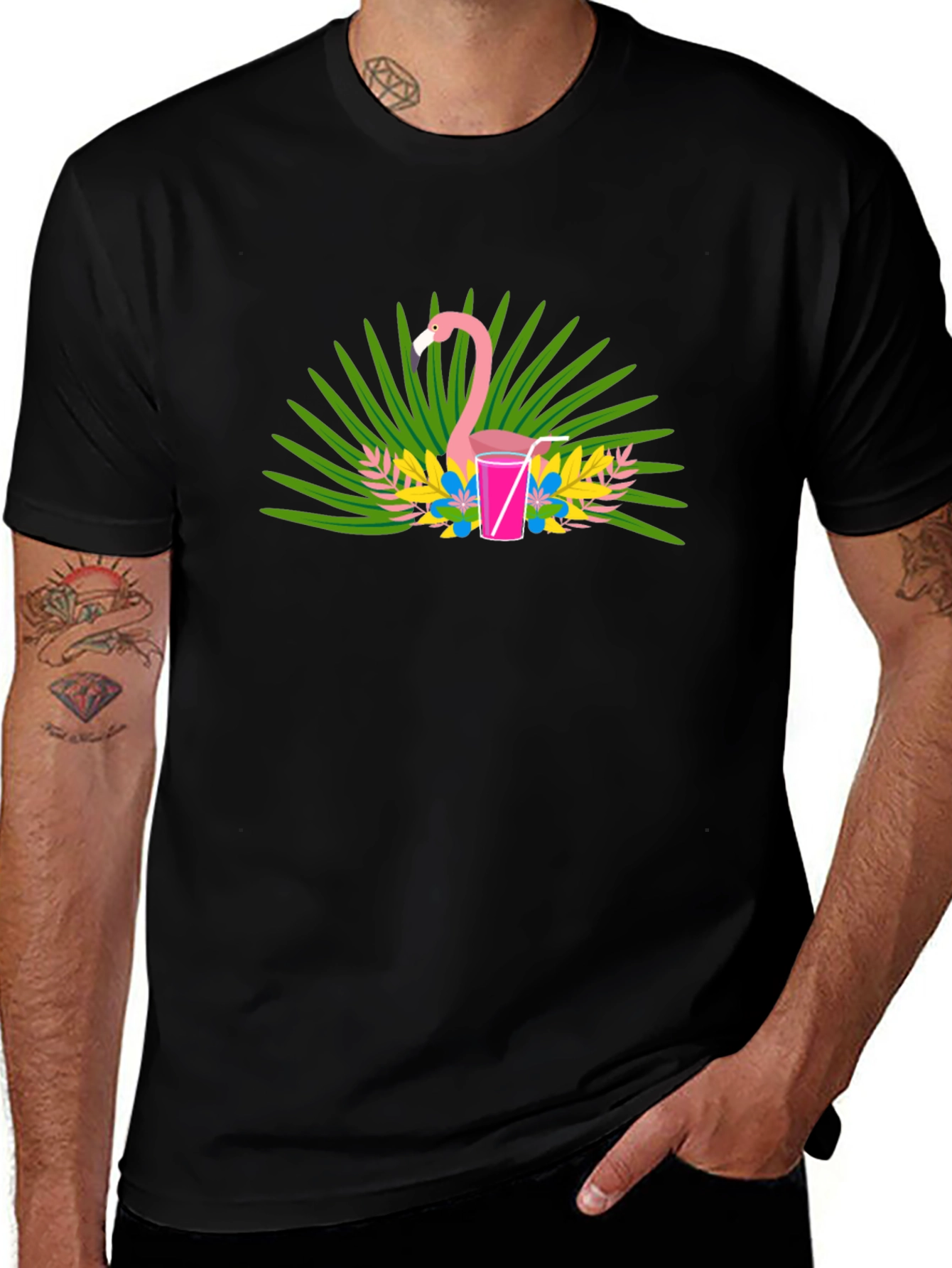 Flamingo Cocktail Graphic Tee - Black