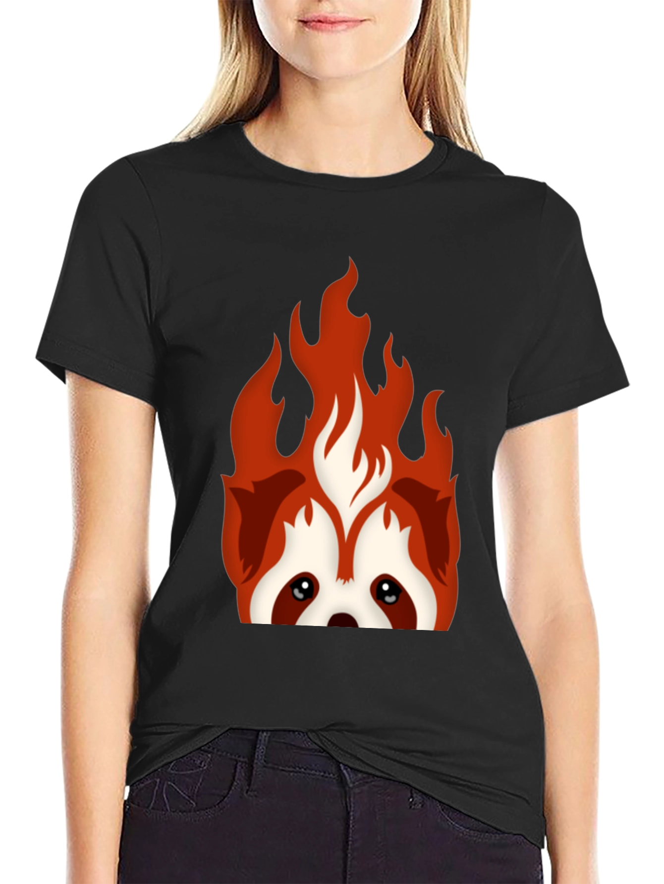 Fiery Red Panda Graphic Tee - Black Cotton Blend