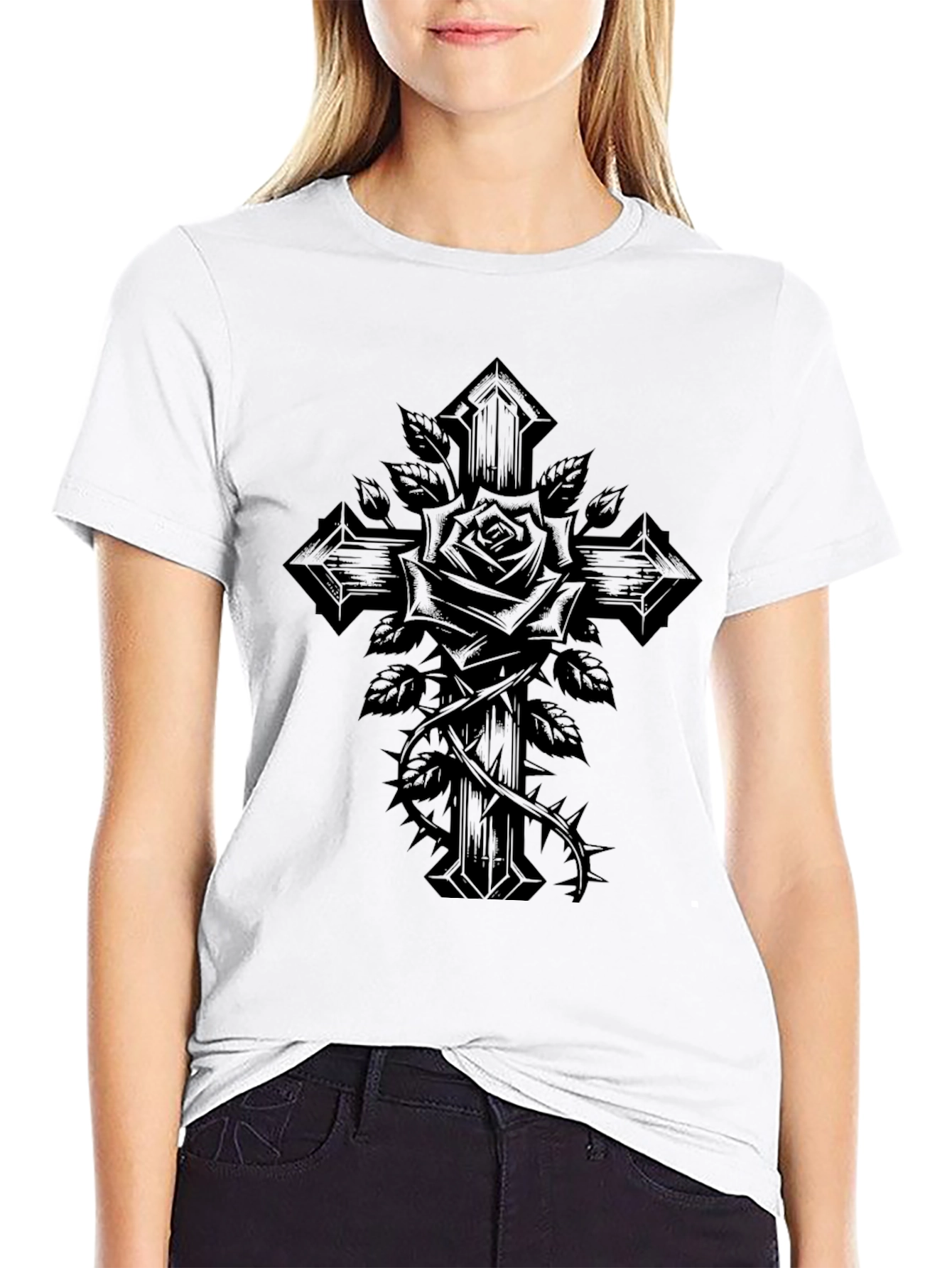Gothic Rose Cross Black T-Shirt