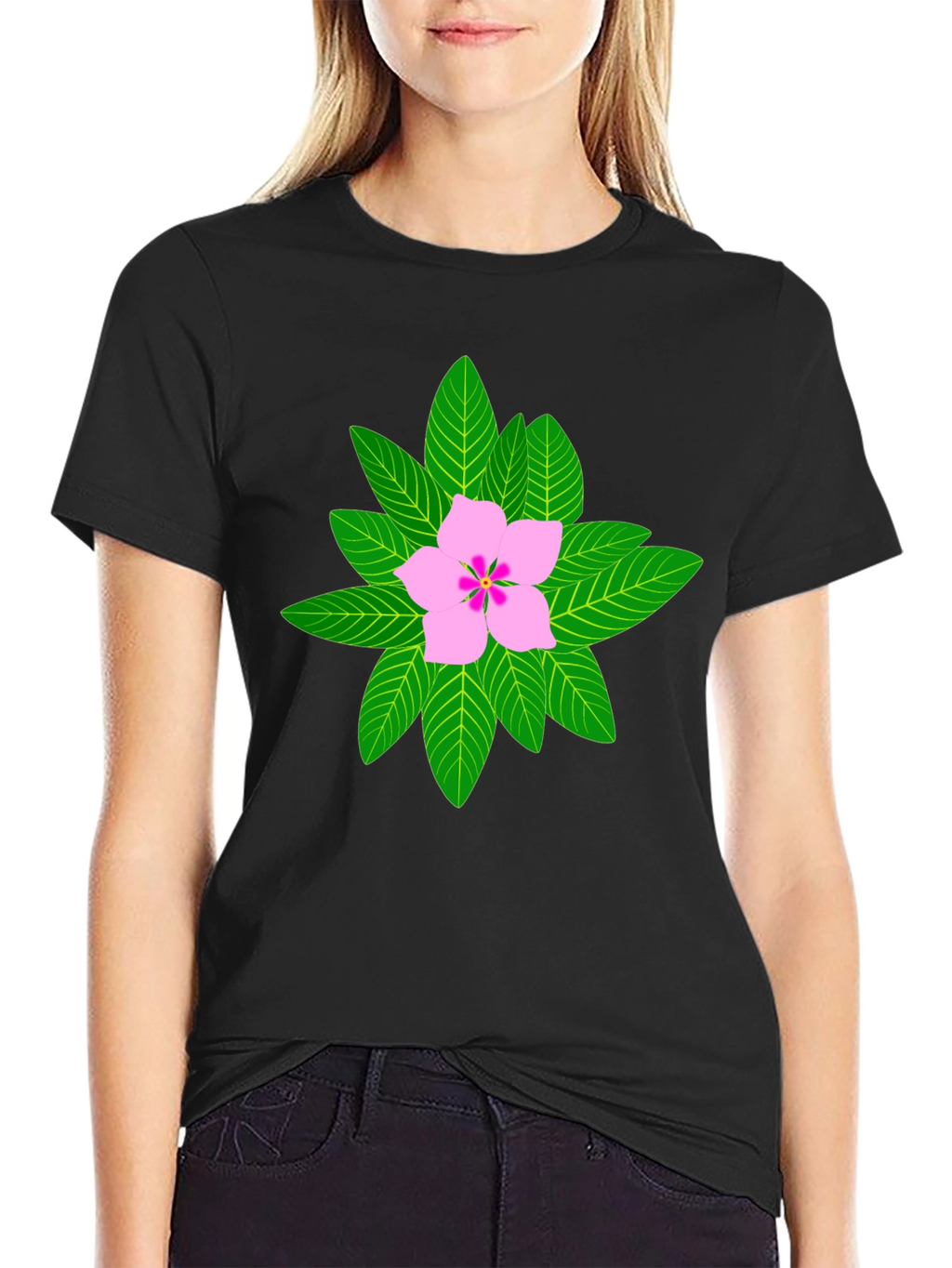 Floral Print T-Shirt - Black Cotton Blend