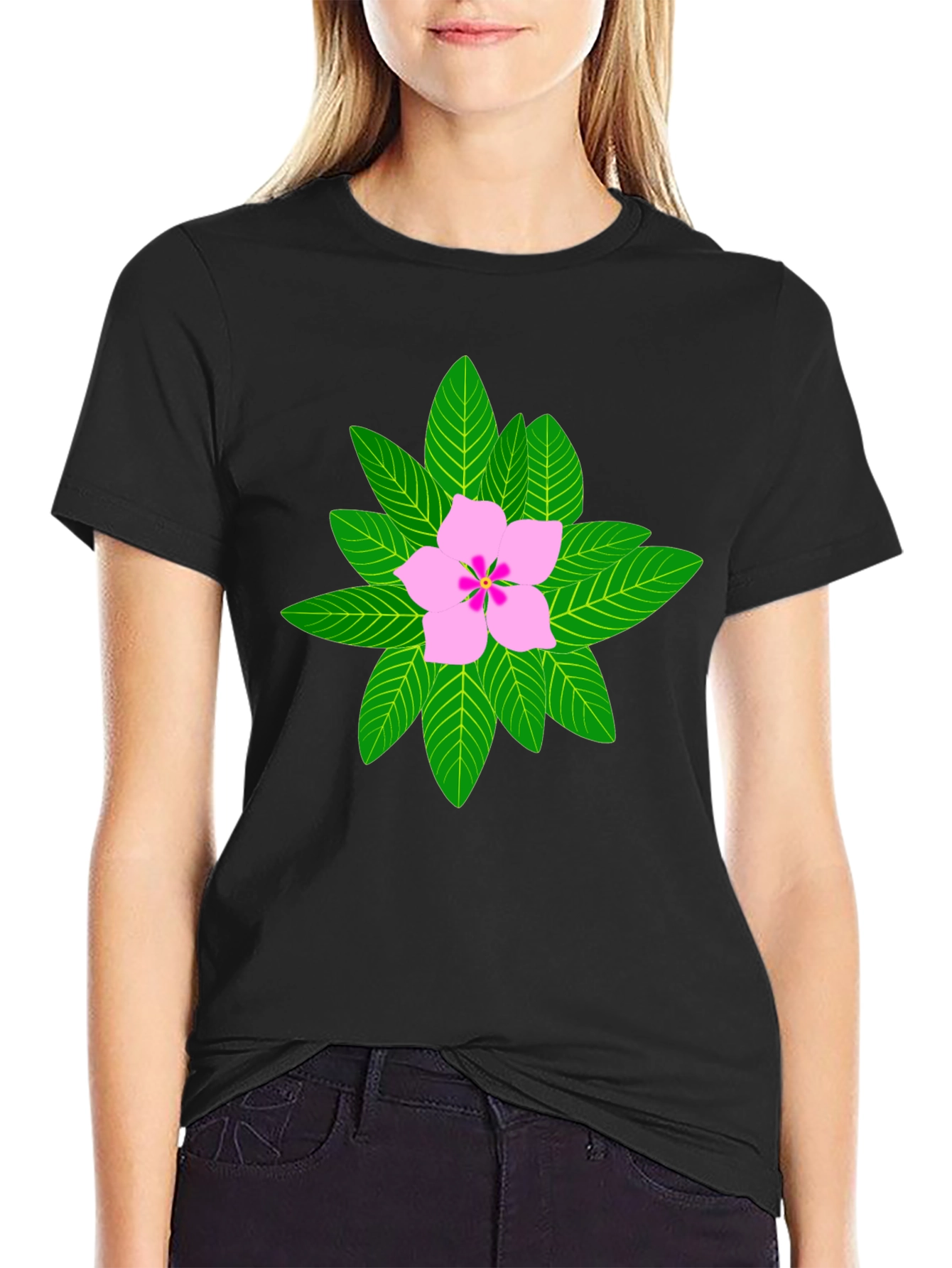 Floral Print T-Shirt - Black Cotton Blend