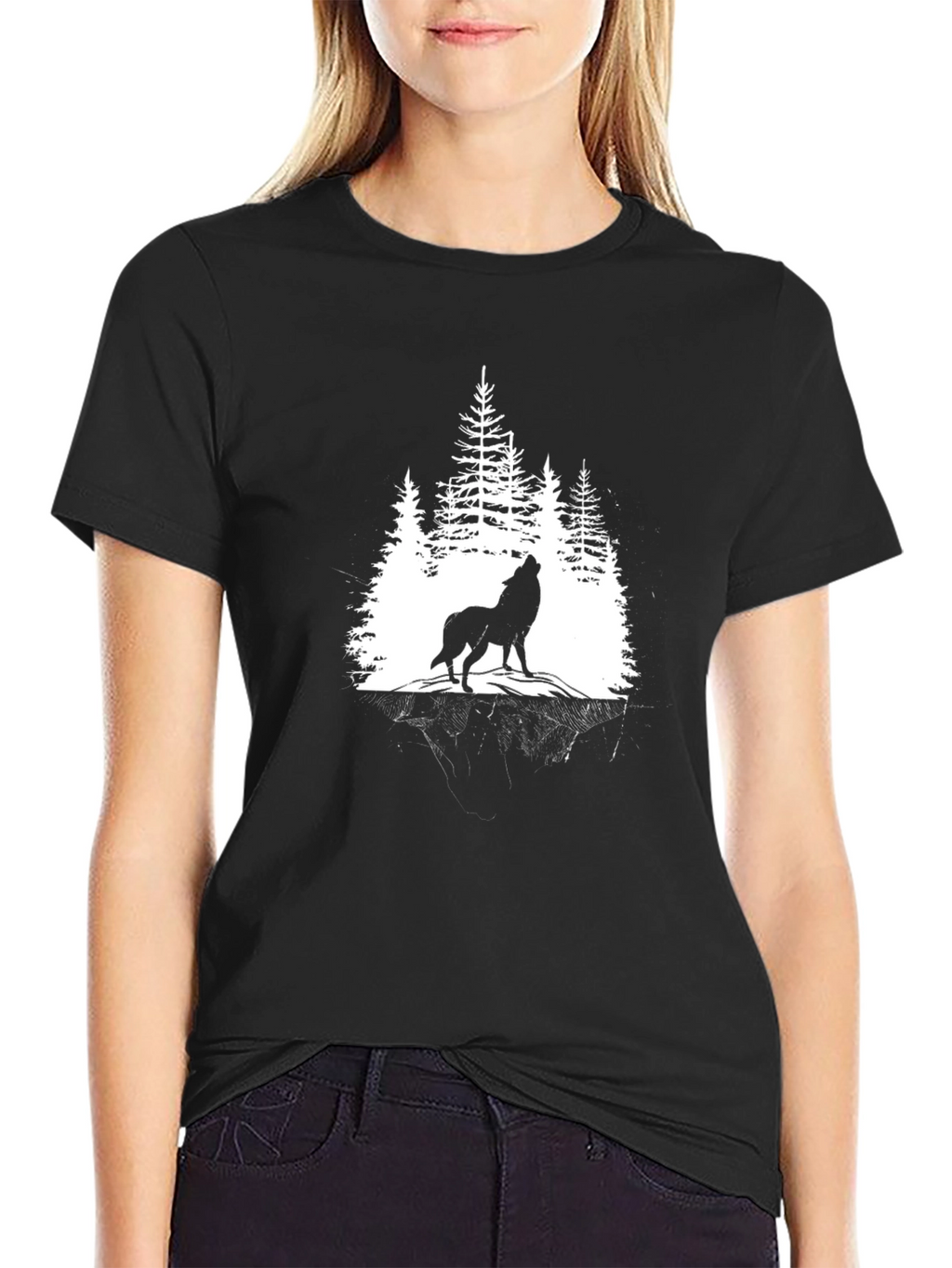 Wolf Howling in Forest Graphic T-Shirt - Black